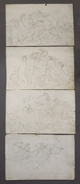 Lotto di quattro disegni a china su carta a soggetti di figure mitologiche, 41x26 cm, XVIII sec.