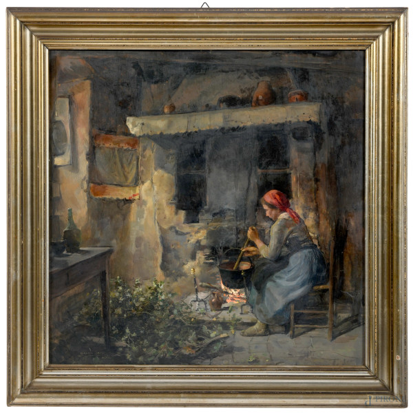 Alberto Carosi (1891-1957), Cucinando, olio su compensato, cm 50x50, firmato e datato "MXMXLI", entro cornice