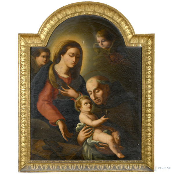 Madonna con Bambino e Sant'Antonio da Padova, XIX secolo, olio su tela sagomata, cm98,5x76, entro cornice, (segni di usura, craquelure, sollevamenti di colore, lacerazioni della tela)