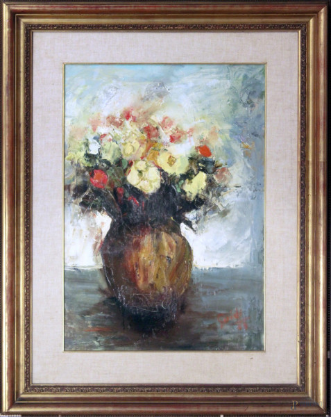 Natura morta con vaso di fiori, olio su tela, 70x50 cm, firmato Guidi, entro cornice.