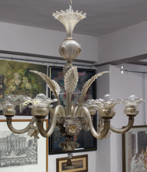 Lampadario a sei luci in vetro di Murano, altezza 80 cm, (difetti).