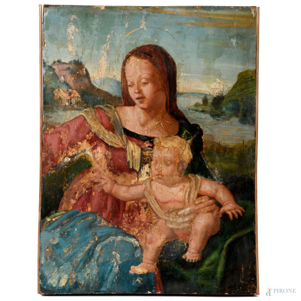 Madonna con bambino, XV-XVI secolo, olio su tavola, cm 48x36, (difetti)