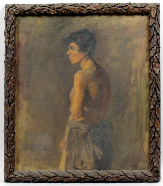 Studio di giovane, olio su tela, prima met&#224; XX secolo, cm 58x50, entro cornice
