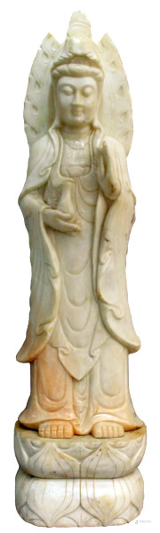 Guanyin, grande scultura in giada bianca poggiante su base, H. 111 cm., Cina XX sec.