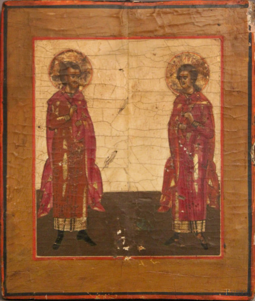 Icona a soggetto dei santi patroni Floro e Lauro con autentica del Museo delle Icone Schloss, Nord della Russia, cm 29,3 x 25,4.
