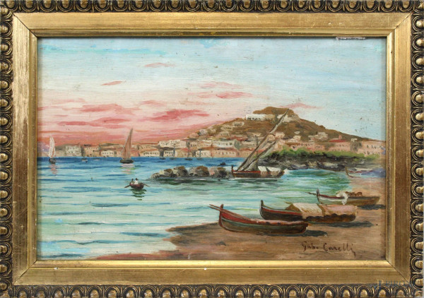 Paesaggio costiero, olio su tavola, cm. 14x22,5, firmato, entro cornice.