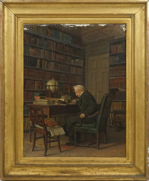 Gentiluomo nello studio, olio su tela, cm 95,5x72, fine XIX secolo, entro cornice, (cadute di colore)