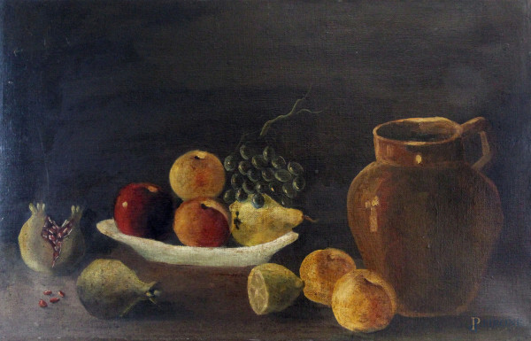 Natura morta-frutta e vasellame, olio su tela, cm 59x90,5, XX secolo