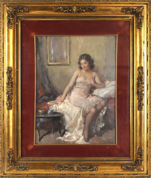 Donna seduta, olio su tavola, cm 40x30,5, firmato A. Toro, entro cornice.
