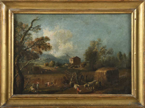 Paesaggio con contadino e armenti, XIX secolo, olio su tela, cm 40x57, entro cornice, (craquelure e sollevamenti di colore)