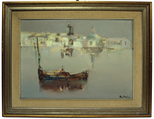 Lido Bettarini - Paesaggio con imbarcazione, olio su tela, cm 50 x 70, entro cornice.