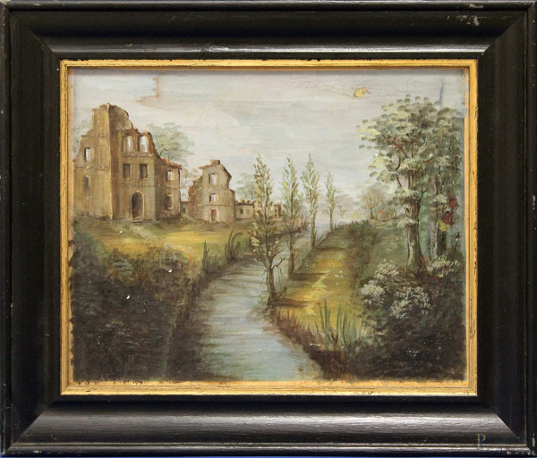 Paesaggio con case e fiume, olio su tela 40x32 cm, entro cornice.