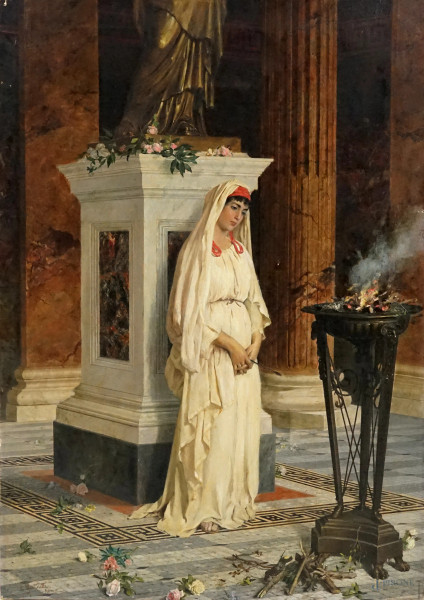 Vestale - Custode del fuoco sacro, olio su tela,  cm 82x58,5, firmato Angelo Martinetti.
