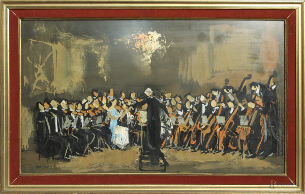 L&#39;Orchestra, dipinto a tecnica mista su carta, cm 37 x 64, entro cornice.
