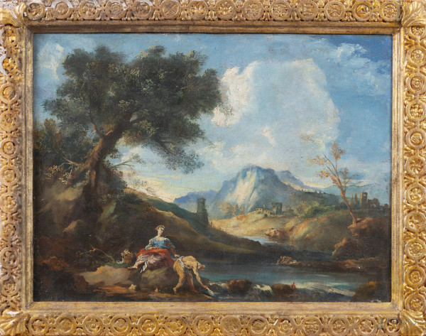 Paesaggio fluviale con figure, XX secolo, olio su tela, cm 45,5x61, entro cornice, (segni di usura, abrasioni, craquelure)