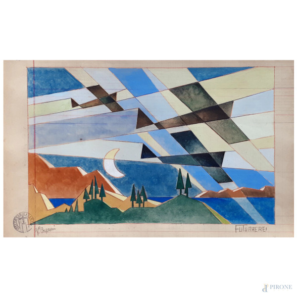 Vittorio Caproni, (XX secolo), Aeropittura, tecnica mista su carta, cm 22x35, titolato “FUTURAERE...