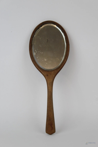 Specchio a mano in legno, cm h 36, XX secolo, (difetti).