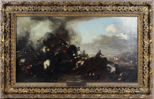 Jacques Courtois - Scena bellica, olio su tela, cm. 34x62, entro cornice in legno dorato ed intagliato.