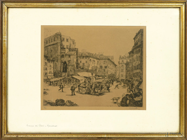 Antonio Carbonati - Campo de' Fiori, acquaforte, firmata e datata a matita in basso a destra A. Carbonati 1918, esemplare n. 33/50, misure comprese passepartout cm 37x52, entro cornice