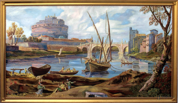 Veduta di Castel Sant'Angelo, olio su tela, cm 120x221, XX secolo, entro cornice