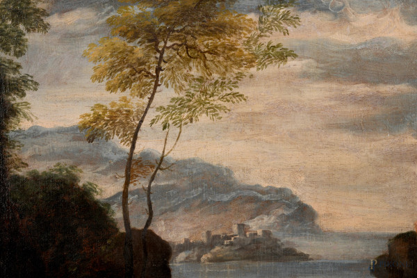 Paesaggio fluviale con figure, XVIII secolo, olio su tela, cm 71x97 entro cornice