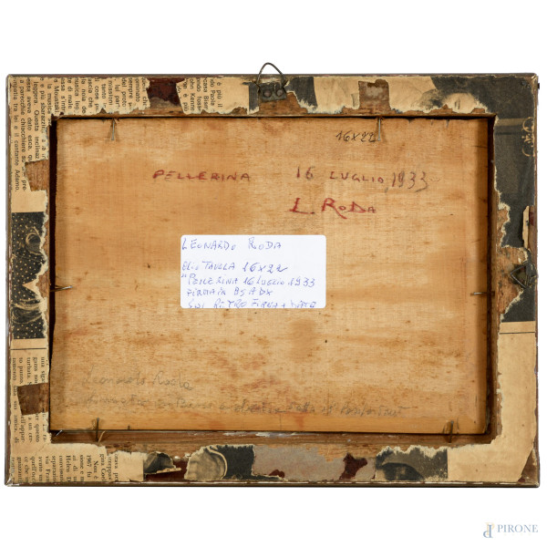 La raccolta del fieno, olio su compensato, XX secolo, firmato in basso a destra, cm 16x22 entro c...