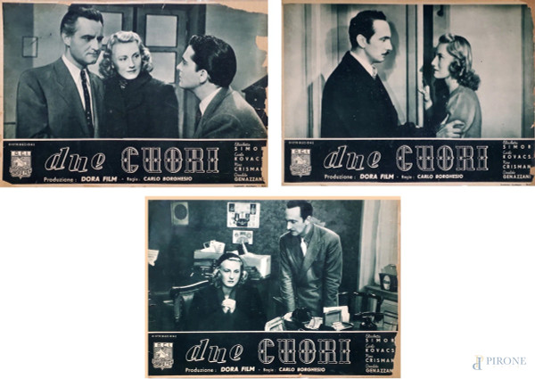 Lotto di tre rare locandine per il film “Due cuori” del 1943, &#160;regia di Carlo Borghesio - Dora Film, ciascuna cm 24x34
