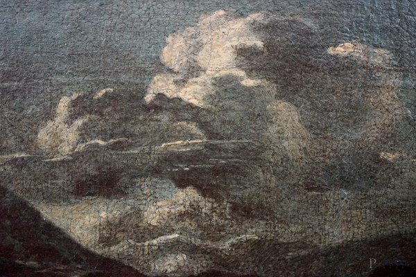Scuola romana del XVII-XVIII secolo, Paesaggio con pastore con armento, olio su tela, cm 31x47, e...