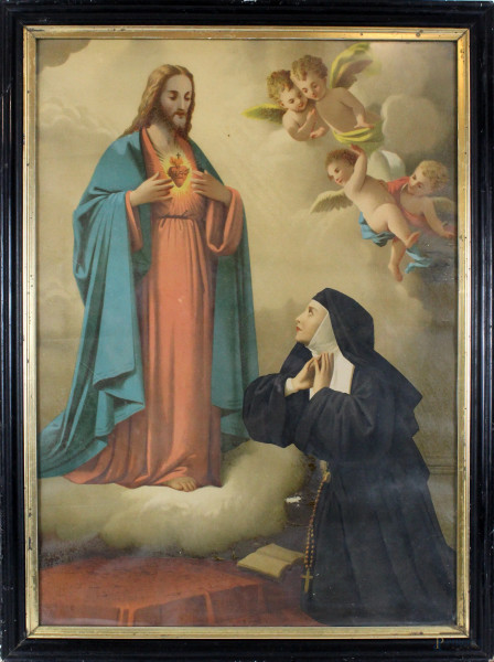 Adorazione del Sacro Cuore, stampa oleografica, cm.62x43, XX secolo, entro cornice.