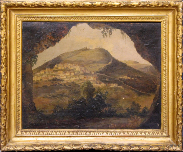 Paesaggio collinare, olio su tela, XIX sec., cm 30 x 39, entro cornice.