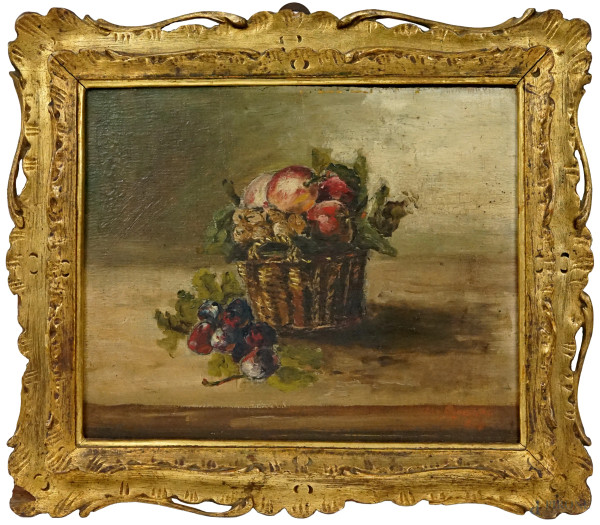 Canestra di frutta, olio su tavola, cm 24x30, firma poco leggibile, entro cornice.