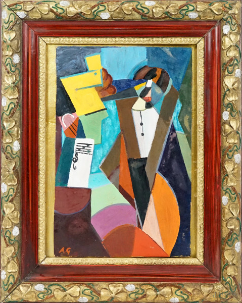 Omaggio a Albert Gleizes, Ritratto di Igor' Stravinski, olio su cartoncino, siglato, cm 33,8x21,5, entro cornice