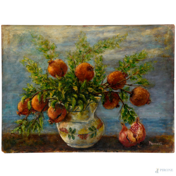 Vaso con melograni, XX secolo, olio su tavola, cm 43x57,5, firmato in basso a destra, entro cornice