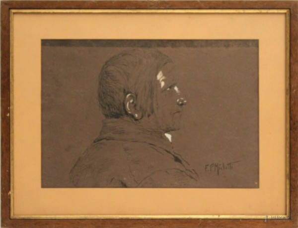 Ritratto d&#39;uomo, disegno su carta, cm. 18x26, firmato, entro cornice.