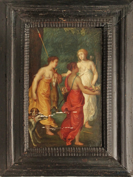 Diana cacciatrice, olio su tavola, cm 40x25, XVIII sec., entro cornice, (cadute di colore).