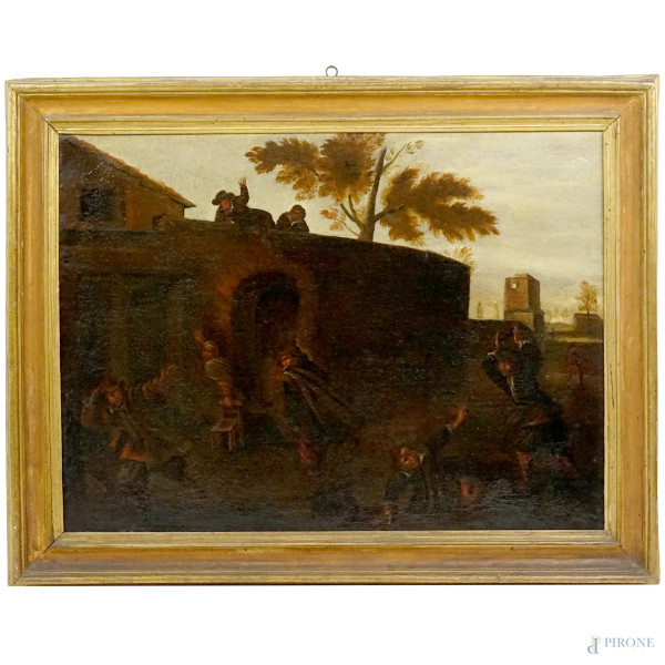 Pittore bambocciante attivo a Roma nel XVII secolo, Rissa in strada, olio su tela, entro cornice, cm 74 x 97