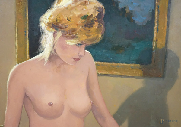 Nudo seduto, olio su compensato, firmato e titolato sul retro, cm 99.5x70, entro cornice