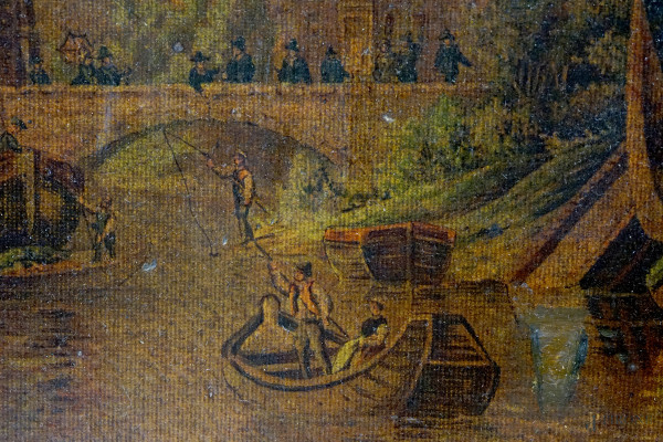 Orologio da muro con carillon, decoro raffigurante una veduta urbana con fiume, piccolo quadrante...