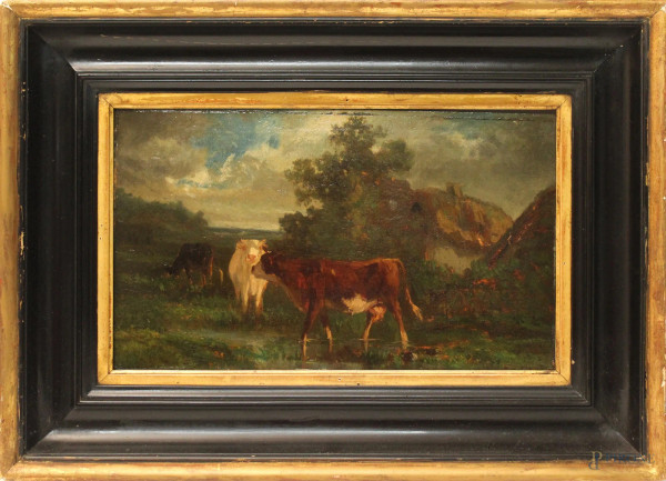 Paesaggio con armenti, olio su tavola, cm 21x35, XIX sec., entro cornice.