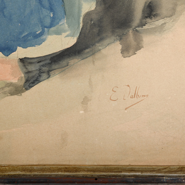 Coppia di dipinti raffiguranti popolane, acquarello su cartoncino, firmati, cm 61x46, entro corni...