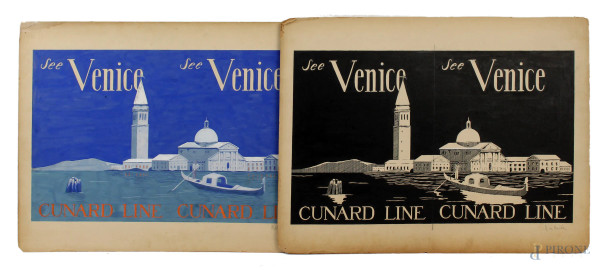 See Venice Cunard Line, due tecniche miste su cartoncino, cm 39x51, firmate, (difetti).