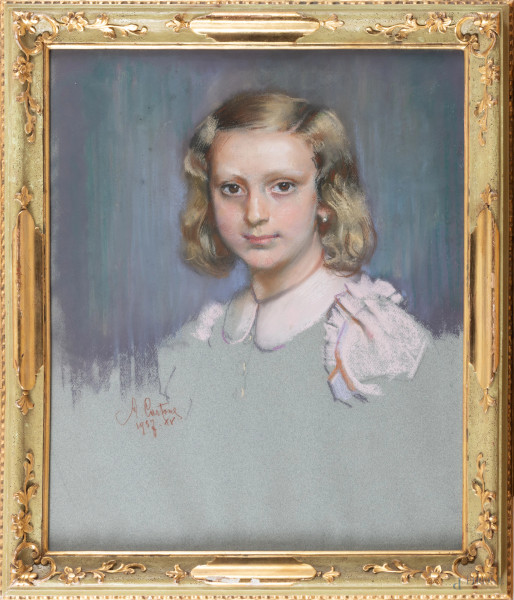 Aurelio Cartone (1910-1969), Ritratto di fanciulla, pastelli su carta, cm 56x46, firmato e datato 