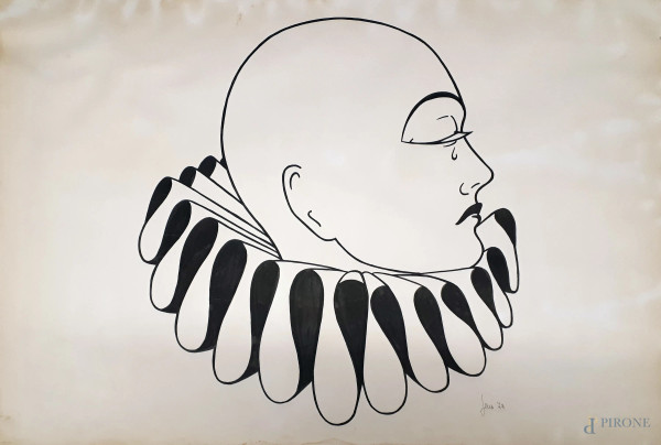 Maschera della commedia dell’arte, disegno a tempera su carta, cm 70x95, firmato e datato