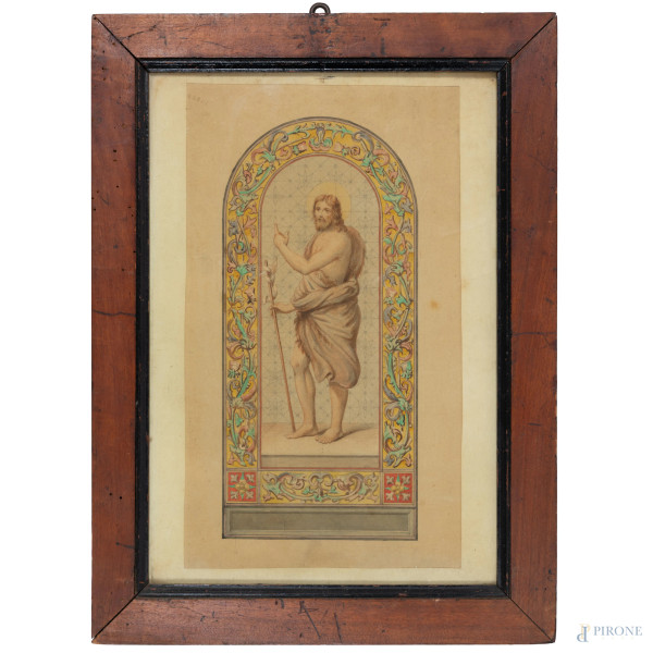 San Giovanni Battista, XIX-XX secolo, tecnica mista su carta, cm 31x18, entro cornice, (lieve foxing e ondulazione della carta)
