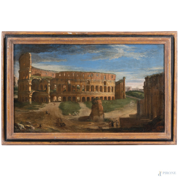 Colosseo, XVIII secolo, olio su tela, cm 53x90, entro cornice, (craquelure, lievi sollevamenti e piccole cadute di colore)