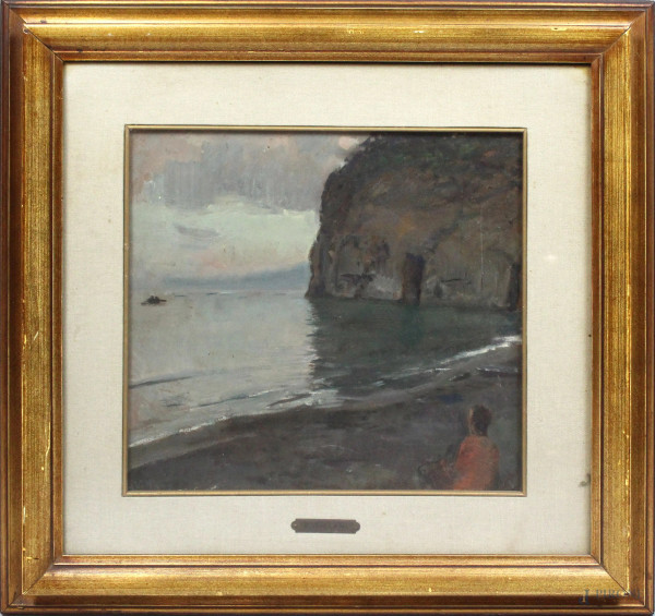 Gennaro Villani - Scorcio di costa con figura, olio su tavola, cm. 34x36, entro cornice.