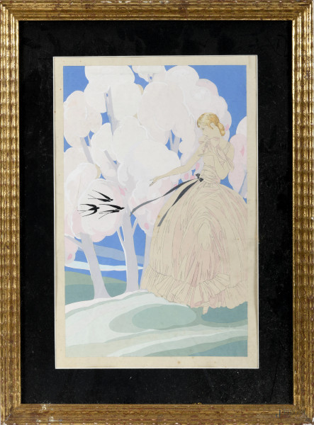 Le rondini, XX secolo, stampa, cm 49x35 compreso passepartout, entro cornice, (gore, umidità)