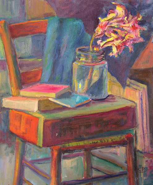 Artista del Novecento, Vaso con fiori e libri sulla sedia, olio su tela applicata su cartone, cm 37x46, siglato C.P.