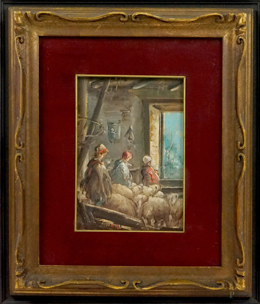 Mario Fattori - Pastorelli nell'ovile, olio su tavola, cm 35x25, entro cornici.