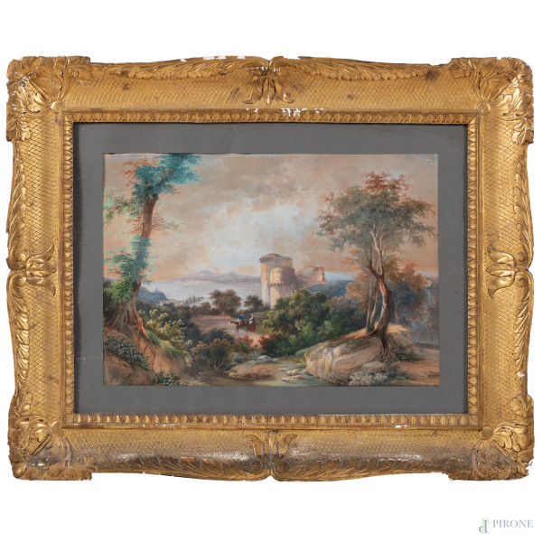 Paesaggio lacustre con figure, XIX secolo, tecnica mista su carta, cm 42x57, firmato in basso a sinistra, entro cornice